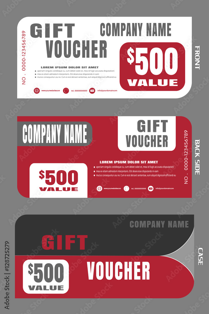 Plakat Set of vector blank stylish gift voucher with case to attract new customer on white, dark gray and red background.