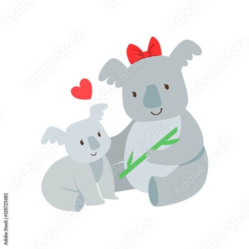Koala Mom With Red Bow Animal Parent And Its Baby Calf Parenthood Themed Colorful Illustration With Cartoon Fauna Characters