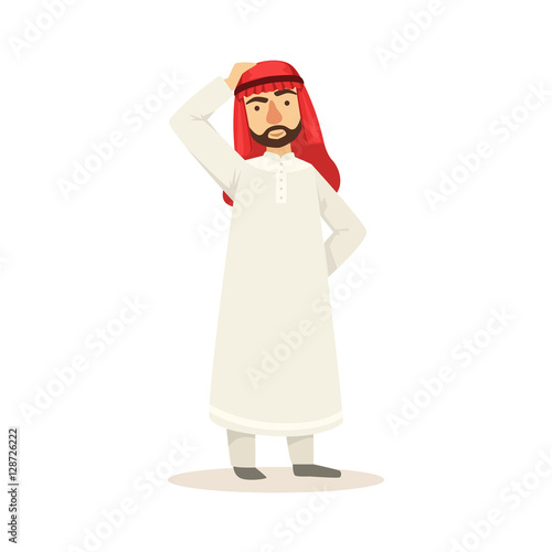 Arabic Muslim Businessman Dressed In Traditional Thwab Clothes And Wearing Headdress Kufiya Working In Financial Business Sphere Thinking