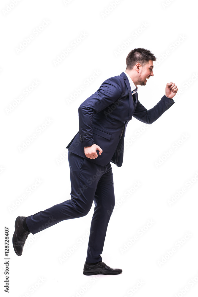 Runing man in suit on white