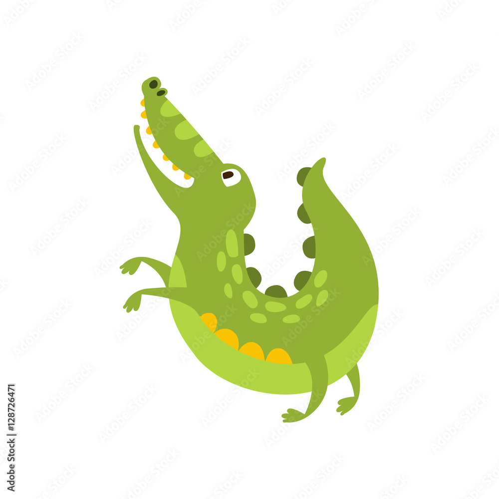 Fototapeta premium Crocodile Jumping Like Dog Flat Cartoon Green Friendly Reptile Animal Character Drawing