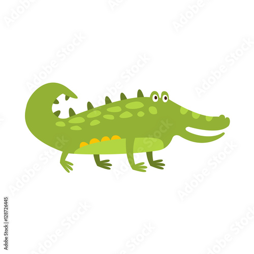 Crocodile Standing On Four Legs Flat Cartoon Green Friendly Reptile Animal Character Drawing