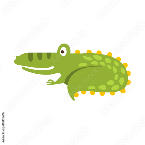 Crocodile Curling Up Like Cat Flat Cartoon Green Friendly Reptile Animal Character Drawing