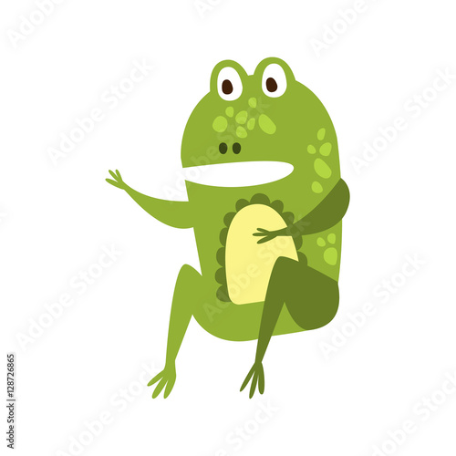 Frog Sitting Like Man Speaking Flat Cartoon Green Friendly Reptile Animal Character Drawing