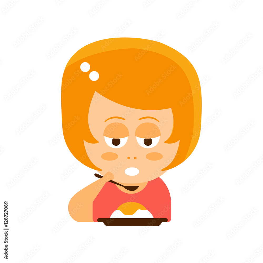 Little Red Head Girl In Red Dress Eating Flat Cartoon Character Portrait Emoji Vector Illustration