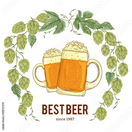 Wreath with hops and glasses of beer. Floral composition with hop cones, leaves and branches. Isolated elements. Vintage hand drawn illustration in watercolor style.