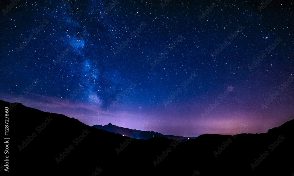 night sky stars milky way blue purple sky in starry night over mountains