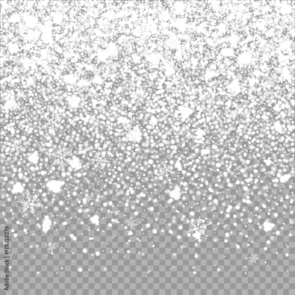 Isolated Christmas falling snow overlay on transparent background. Snowflakes storm layer. Snow pattern for design. Snowfall backdrop texture. Vector snow illustration eps10