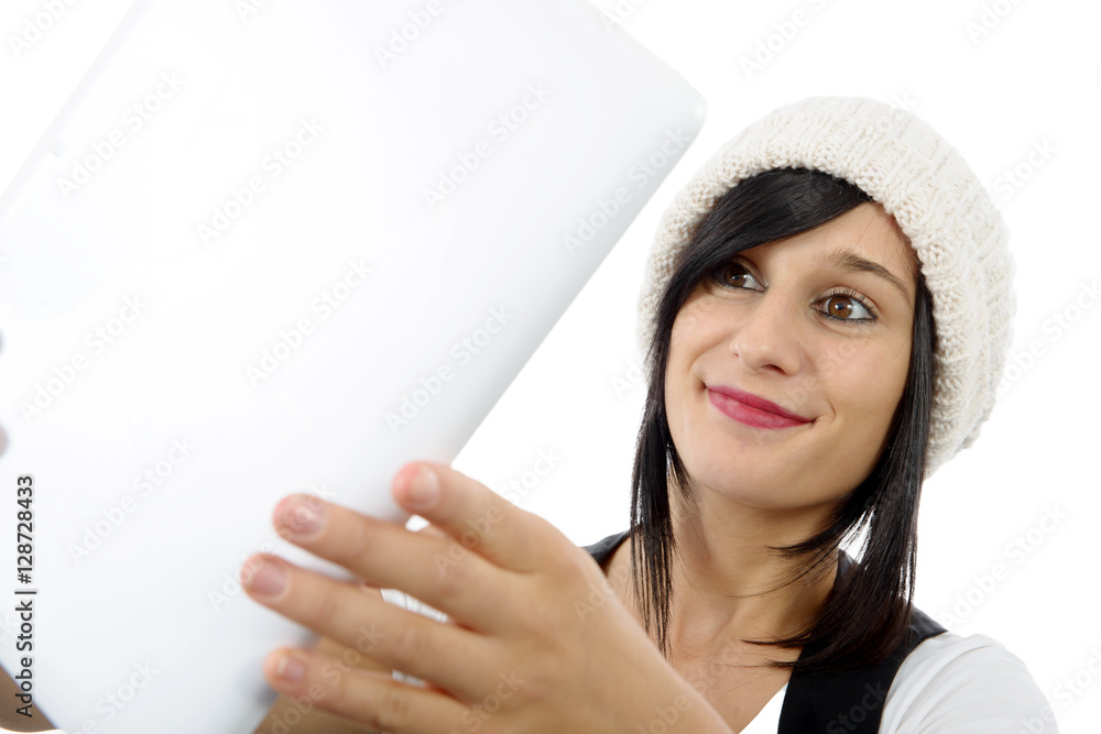 young brunette girl with tablet isolated on white background young brunette girl with tablet isolated on white background