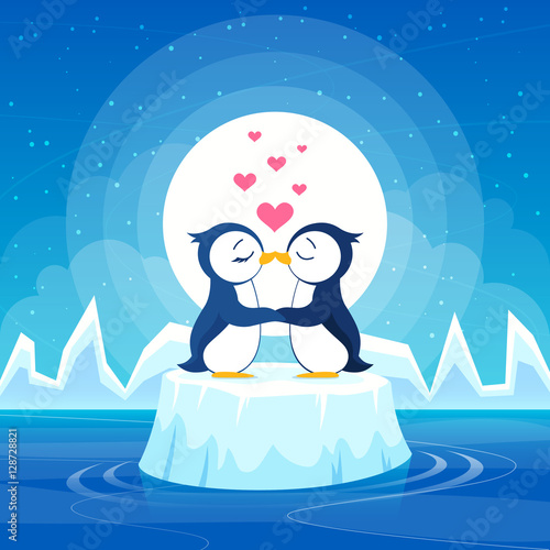 Vector penguins on an ice floe. Couple in love.