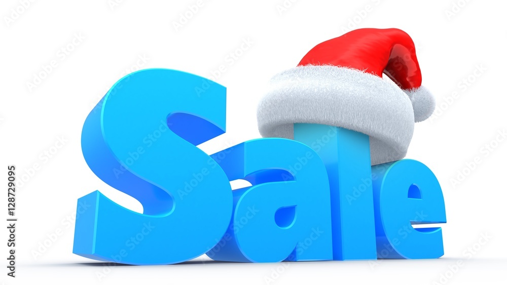 3d illustration of blue sale sign with Christmas hat over white background 3d illustration of blue sale sign with Christmas hat over white background