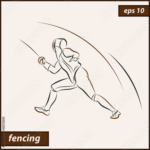 Vector illustration. Illustration shows a fencer in attack. Sport. Fencing