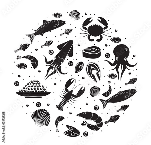 Seafood icons set in round shape, black silhouette. Sea food collection isolated on white background. Fish products, marine meal design element. Vector illustration