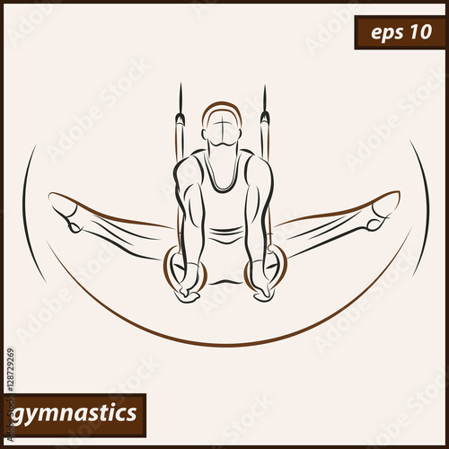 Vector illustration. Illustration shows a gymnast performing acrobatic movements on the rings. Sport. Gymnastics