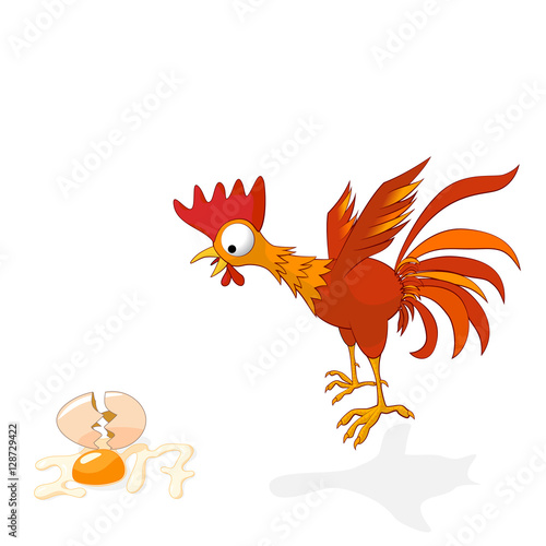 Vector illustration of cartoon rooster in shock, broken egg is stylized numbers 2017. Rooster symbol of the New Year Chinese calendar.