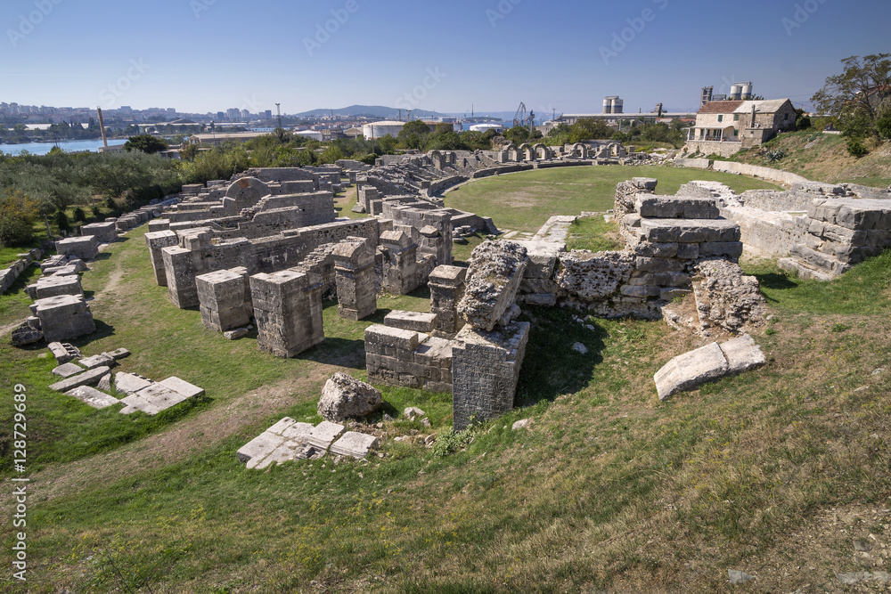 Remains of a Roman amphitheatre in ancient roman town Salona (Solin) near town Split in Croatia, Europe