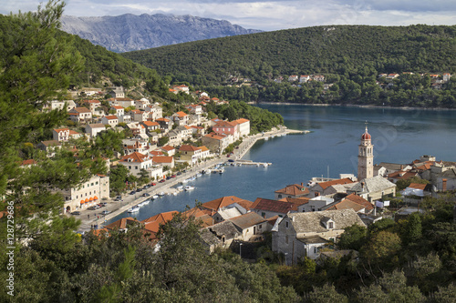 Red roofs and white stone houses in deep bay in village Pucisca on island Brac in Croatia