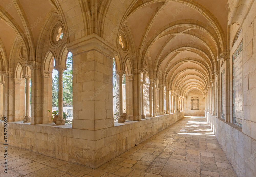 JERUSALEM, ISRAEL - MARCH 3, 2015: The gothic corridor of atrium in Church of the Pater Noster on Mount of Olives.