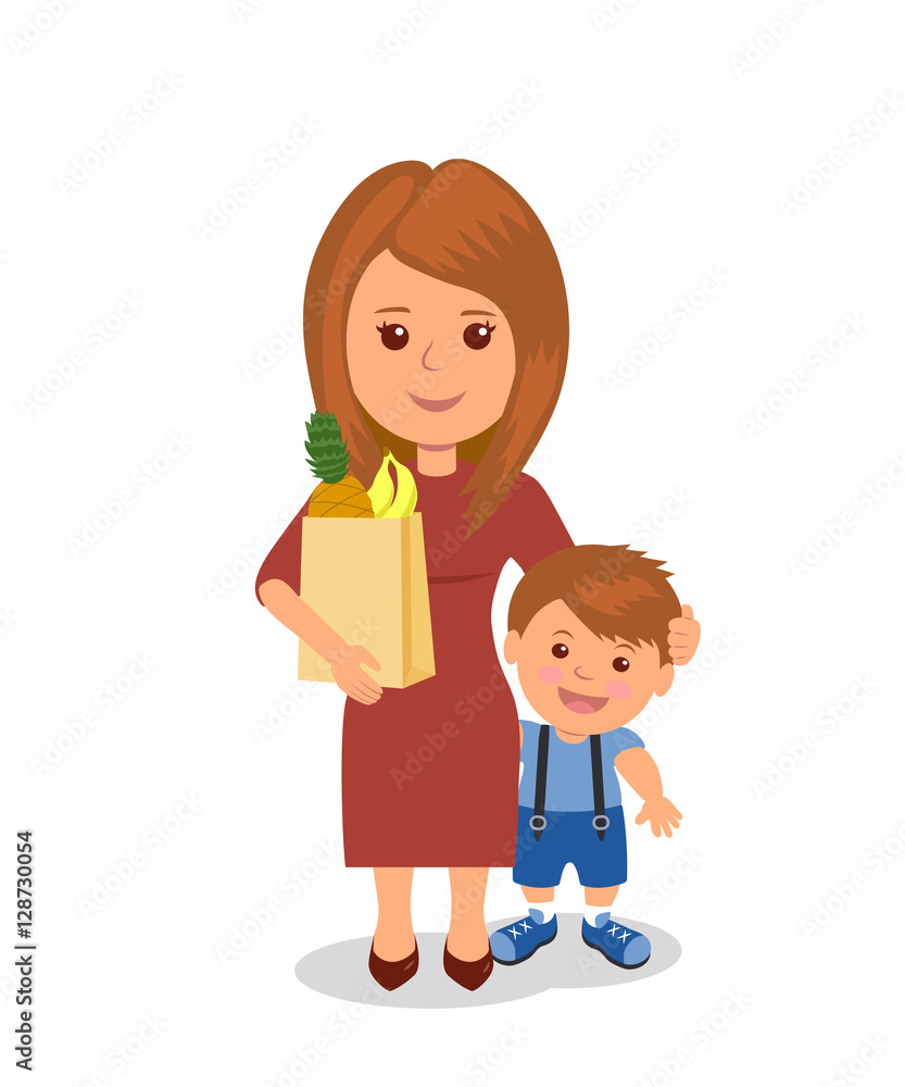 Mother and son with a bag of groceries. Cartoon characters people isolated  on the white background. Mom and child. Raster copy. Stock Illustration |  Adobe Stock