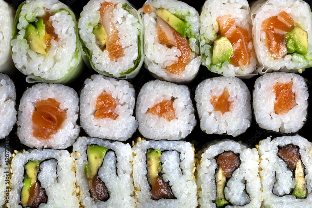 Close up view of fresh assorted sushi. Close up view of fresh assorted sushi.