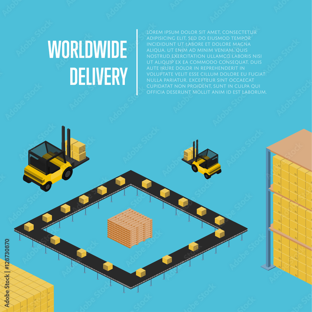 Worldwide delivery isometric vector illustration. Forklift with packing ...
