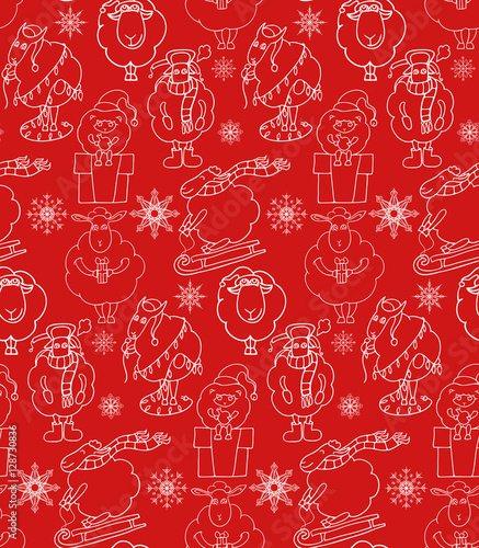 Seamless texture with outline Christmas holiday cartoon sheep. Vector background for wraps, wallpaper, fabric and your creativity