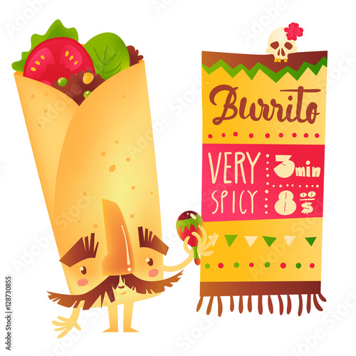 Big burrito character with thick eyebrows and moustache playing Mexican maraca, cartoon vector illustration isolated on white background. Traditional Mexican burrito character shaking maraca