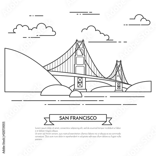 San Francisco banner with famous bridge Golden Gate Line art