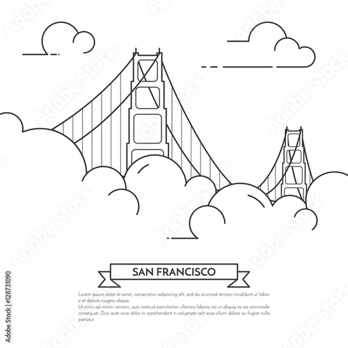 San Francisco banner with Golden Gate in fog Line art