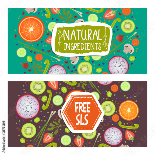 Free SLS horizontal flyers set vector illustration. Vegetarian, gmo free, fresh and natural, vegan, raw food, gluten free, healthy lifestyle, bio and eco nutrition concept. Fruits and vegetables.