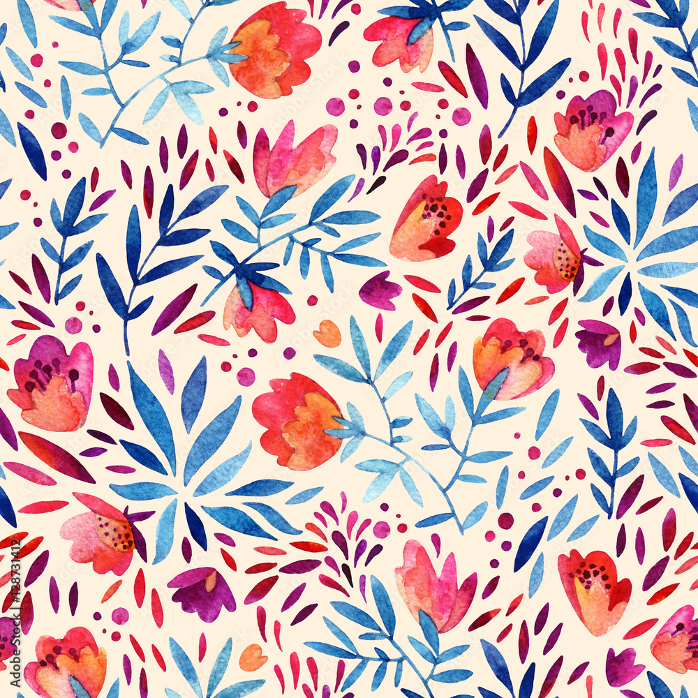 Watercolor ornate flowers seamless pattern. - obrazy, fototapety, plakaty 