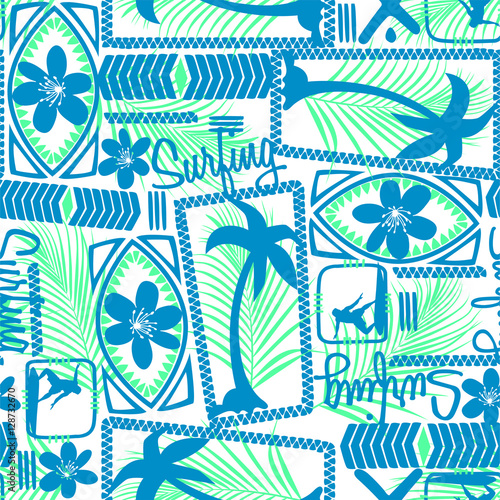 Tribal surfing palm repeat seamless pattern