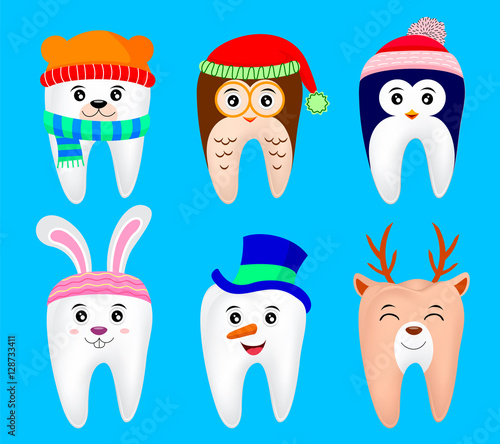 Cute Christmas teeth characters. polar bear, penguin, Owl, deer, snow man, bunny. illustration isolated on blue background.