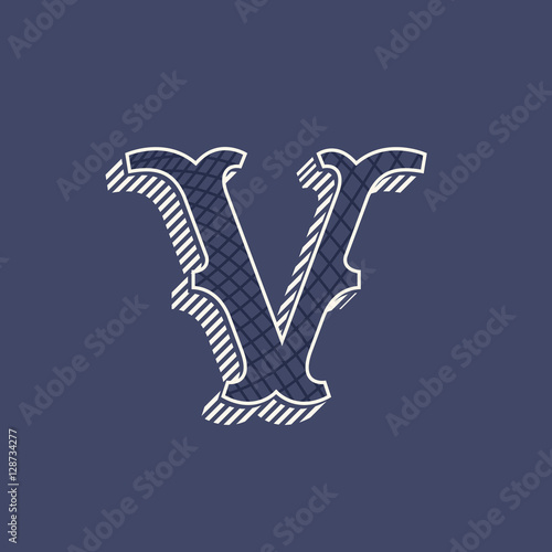 V letter logo in retro money style with line pattern.