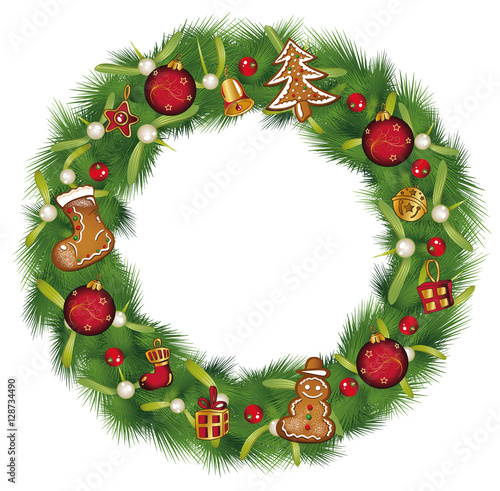 Adventskranz. Kranz mit Tanne, Lebkuchen und Deko.