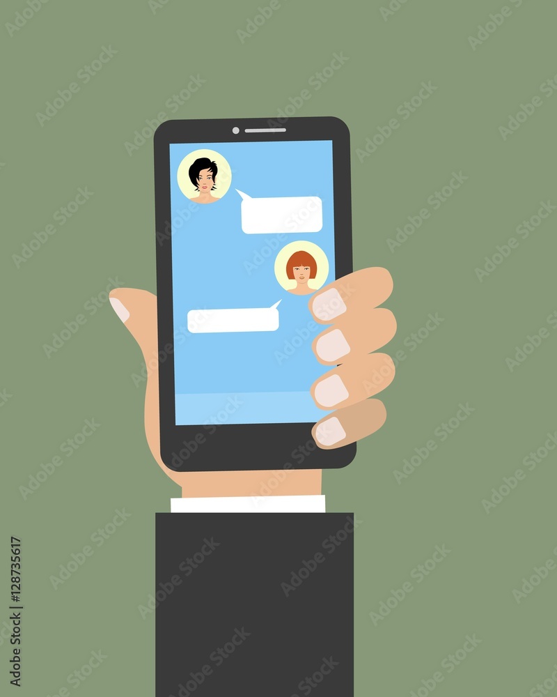 Chat connection icon. There is a hand, holding a phone, in the picture. Vector illustration Chat connection icon. There is a hand, holding a phone, in the picture. Vector illustration