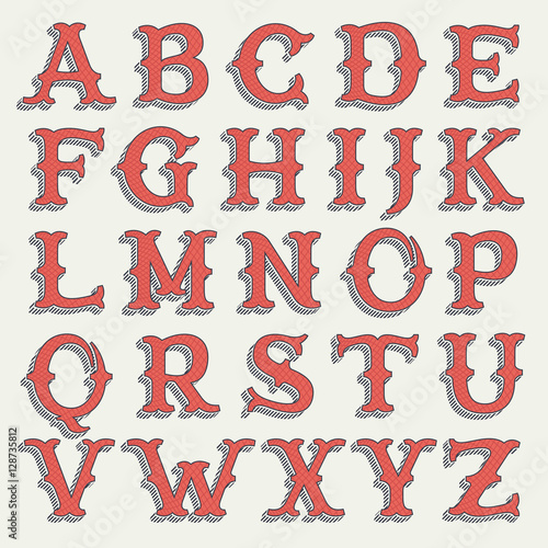 Retro western alphabet with line texture. Slab serif font.
