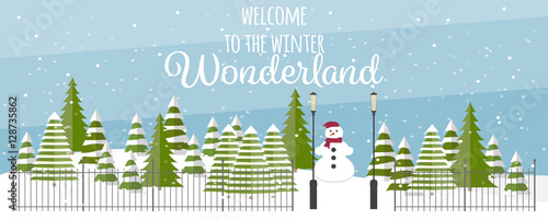 Wide vector winter background. Cute fir trees in different shapes and forms, snowman, fence and lanterns. Cartoon colorful snowfall landscape.