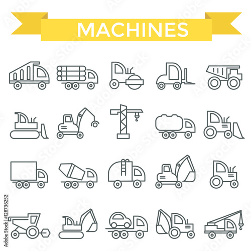 Machines icon set, thin line flat design