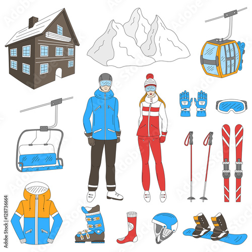 Ski resort icons set snowboarder man and woman, resort hotel, mountains, funicular, chairlift, winter sport equipment, isolated hand drawn doodle vector illustration.