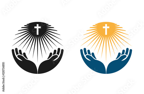 Religion vector logo. Church, Pray or Bible icon