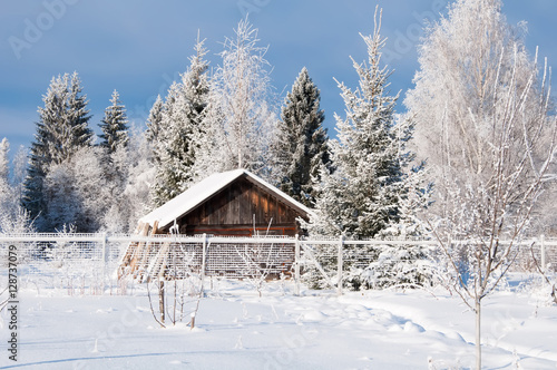 Winter country landscape with wooden house behind a fence in the forest © Rocky_L