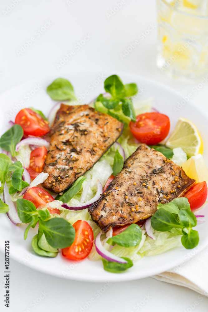 roasted mackerel fish with fresh salad, roasted mackerel fish with fresh salad,