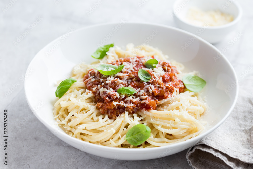 Spaghetti pasta with bolognese sauce and parmesan cheese Spaghetti pasta with bolognese sauce and parmesan cheese