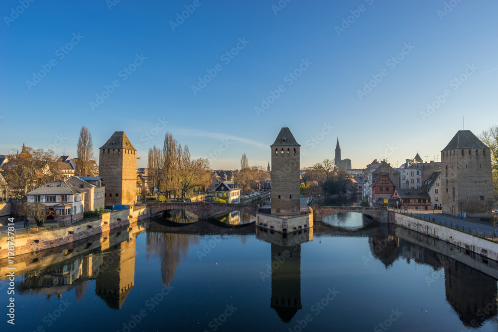 Strasbourg, medieval bridge Ponts Couverts is located in the historic district 