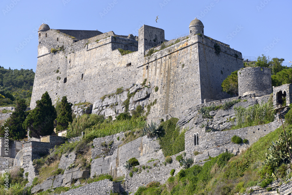 Battlemens of Doria castle at Portovenere (or Porto Venere), is a town and comune located on the Ligurian coast of Italy in the province of La Spezia