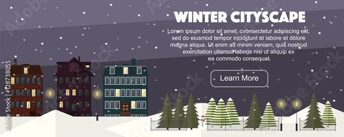 Winter cityscape, vector illustration. Flat city, evening, snowfall, park and snowman. Many cute winter elements. Holidays evening background.