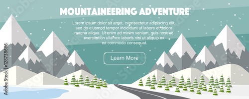 Mountaineering adventure. Alps, fir trees, lake, mountains wide panoramic background. Winter web banner design. Vector high mountains, winter wide landscape.