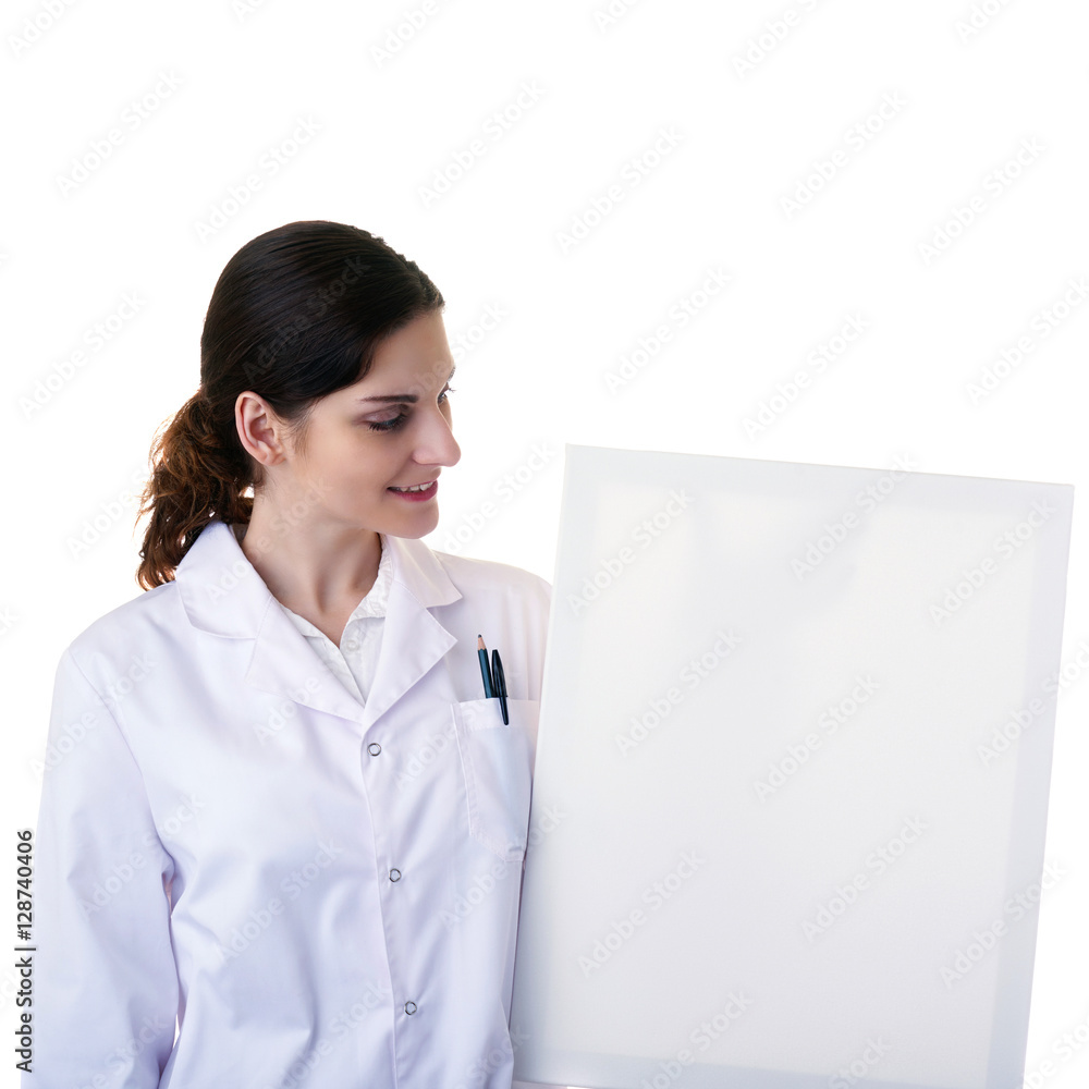 Female doctor assistant scientist in white coat over isolated background Female doctor assistant scientist in white coat over isolated background