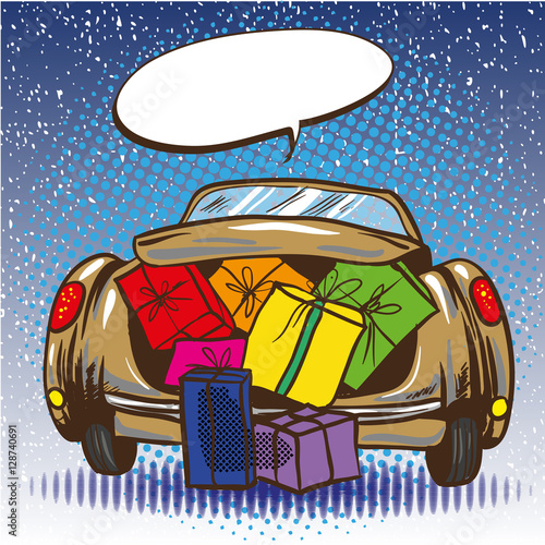 Vector illustration of car trunk with gifts, pop art style
